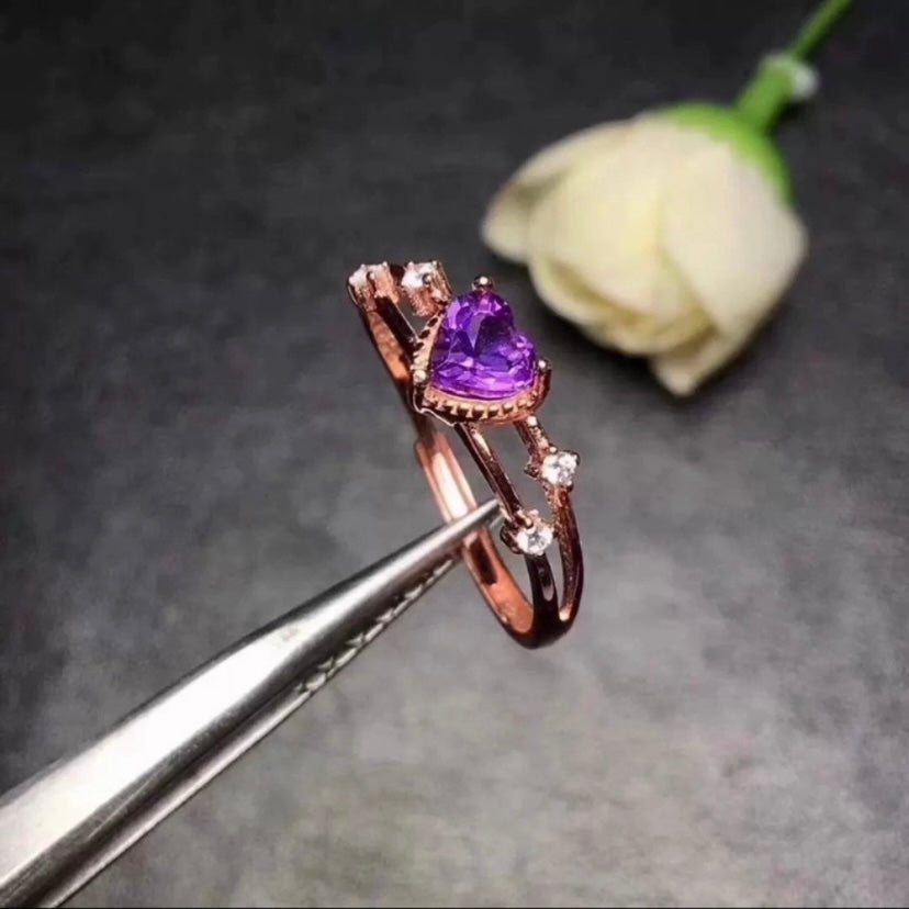 14K Rose Gold Plated Adjustable Birthstone Crystal Love Heart Amethyst Ring