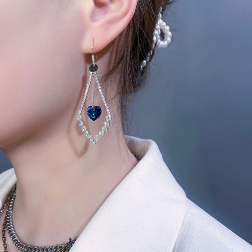 Women's Blue Crystal Love Heart Diamond Dangle Drop Earrings