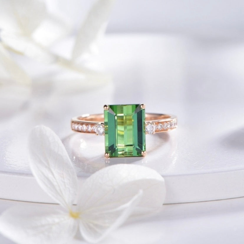 14K Rose Gold Plated Adjustable Green Crystal Emerald Ring for Women