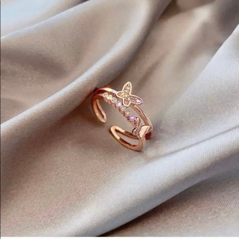 14K Rose Gold Plated Adjustable Butterfly Ring for Women