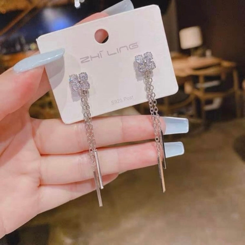 Crystal Flower Metal Chain Long Tassel Dangle Drop Earrings for Women