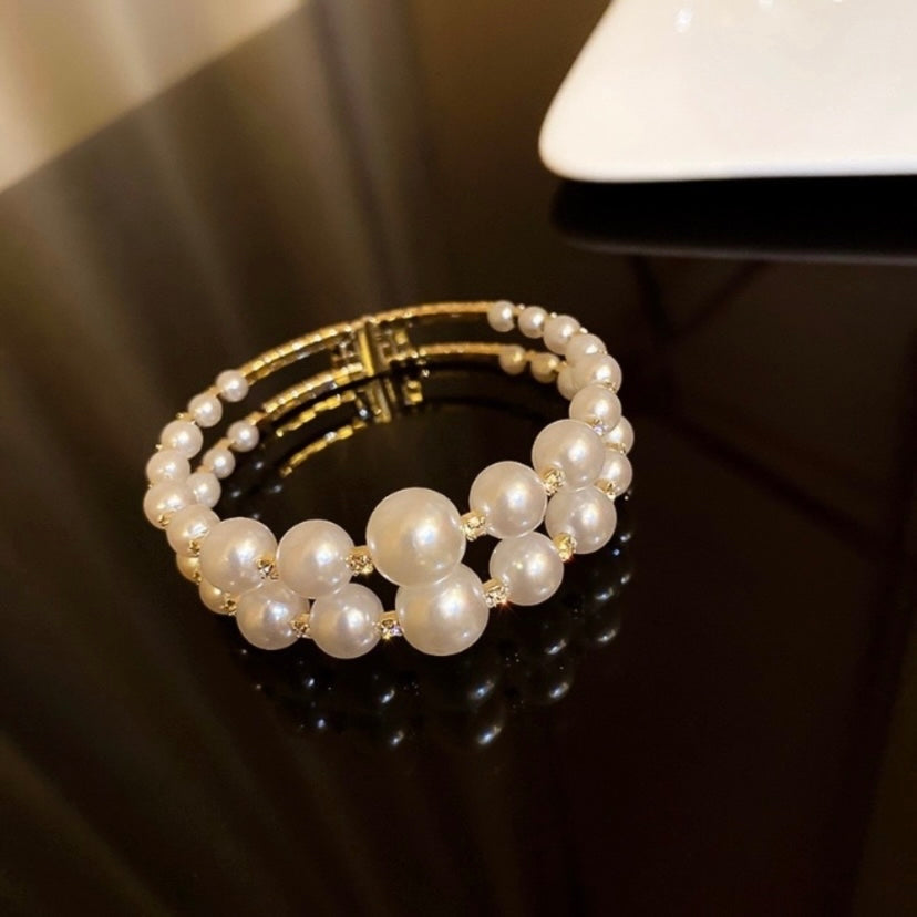 Women's Double Layer White Pearl Open Cuff Bracelet