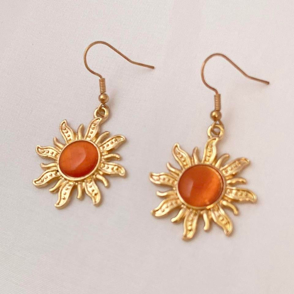 18K Gold Plated Orange Opal Sunflower Dangle Drop Earrings for Women