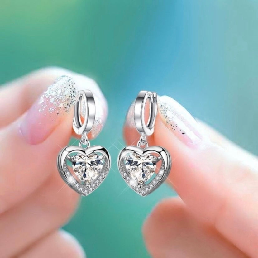 925 Silver Plated CZ Cubic Zirconia Love Heart Dangle Drop Earrings for Women