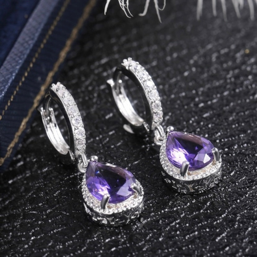 925 Silver Plated Purple Crystal Teardrop Drop Dangle Earrings for Women