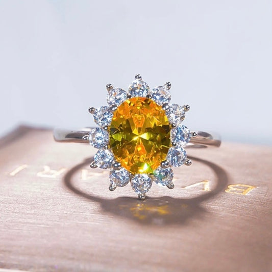 18K White Gold Plated Adjustable Yellow Crystal Sunflower Ring for Women