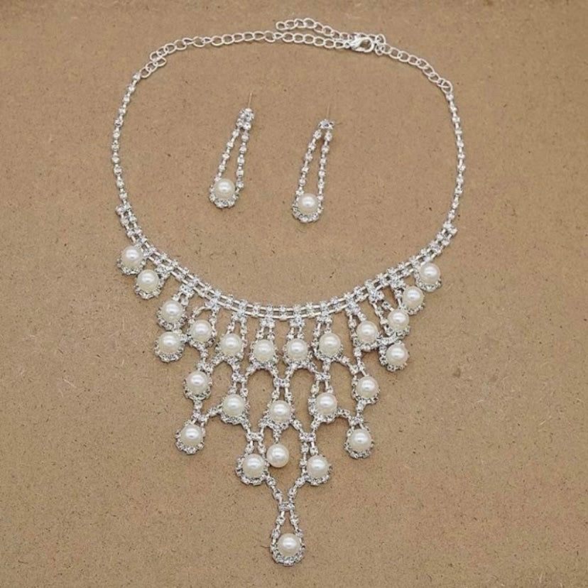Bridal Wedding Jewelry Set Crystal Pearl Bridesmaid Party Necklace Drop Earrings