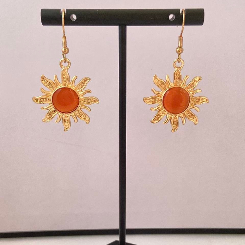 18K Gold Plated Orange Opal Sunflower Dangle Drop Earrings for Women
