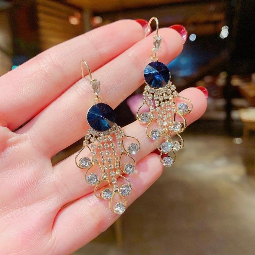 Women's Blue Crystal Tassel Dangle Drop Earrings