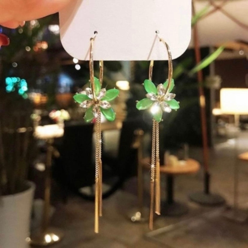 Green Crystal Flower Dangle Drop Earrings for Women