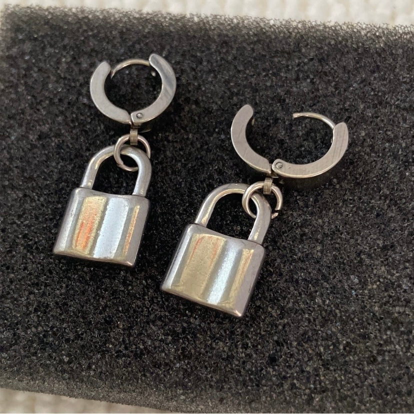 Stainless Steel Lock Dangle Drop Earrings for Men Women