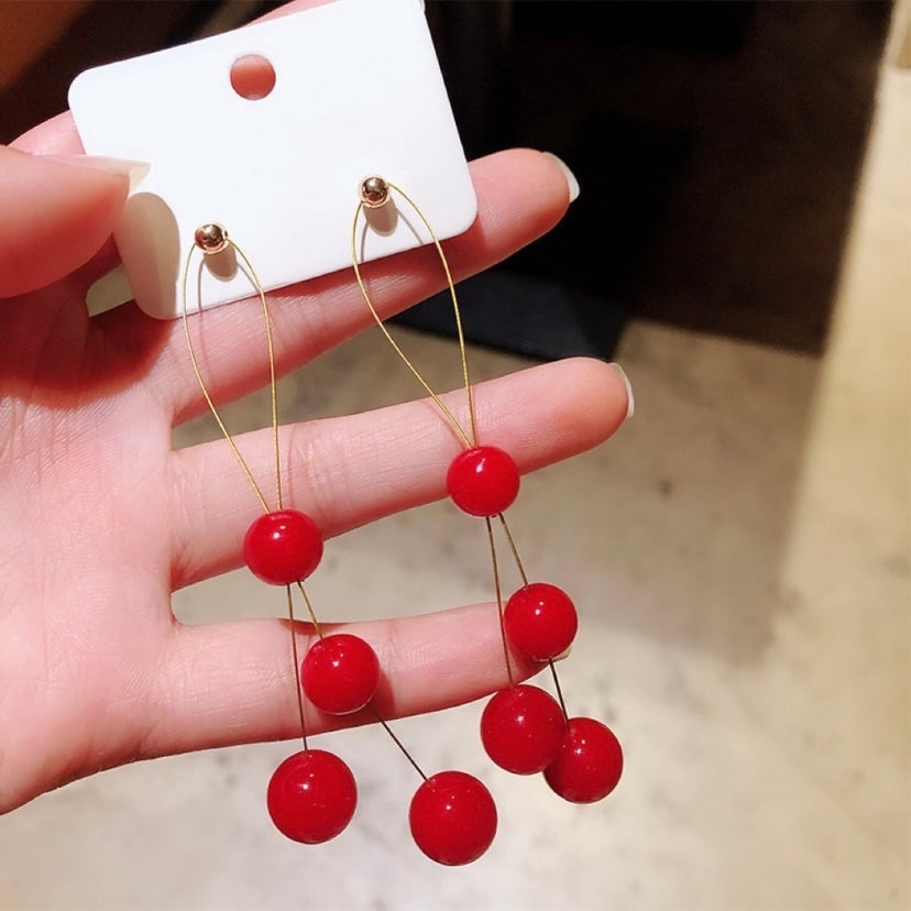 Gold Chain Red Pearl Tassel Drop Dangle Earrings for Women