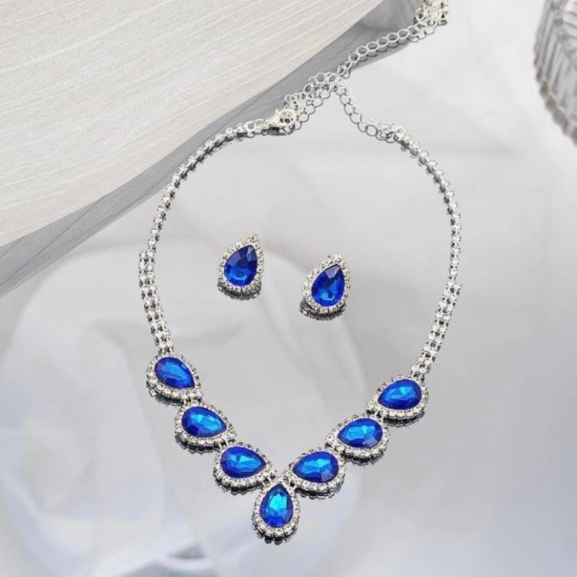 Bridal Wedding Jewelry Set Crystal Sapphire Bridesmaid Party Necklace Earrings