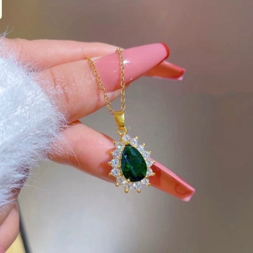 18K Gold Plated Crystal Teardrop Emerald Pendant Necklace for Women