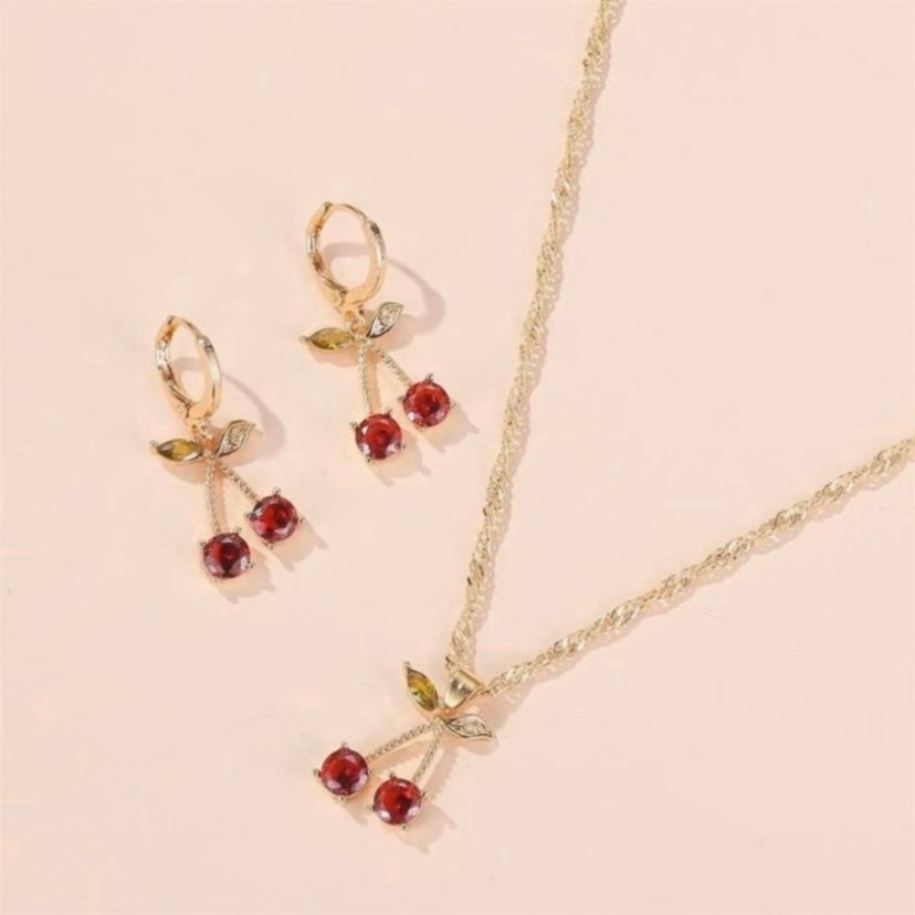 Cherry Jewelry Set Cherry Necklace Cherry Earrings(2pcs/set)