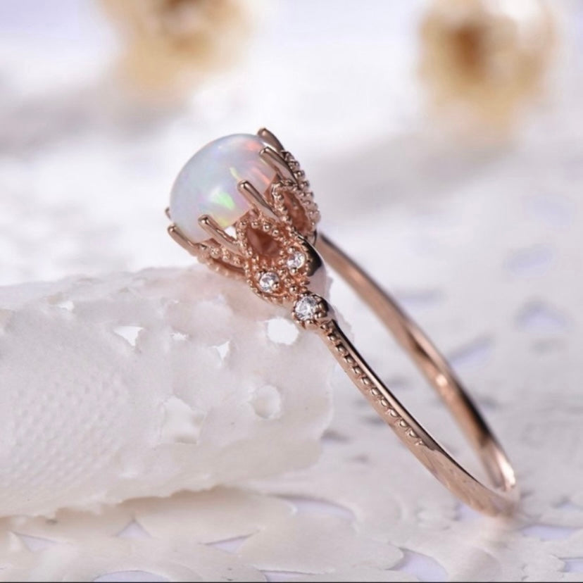 14K Rose Gold Plated Adjustable Round Opal Ring for Women