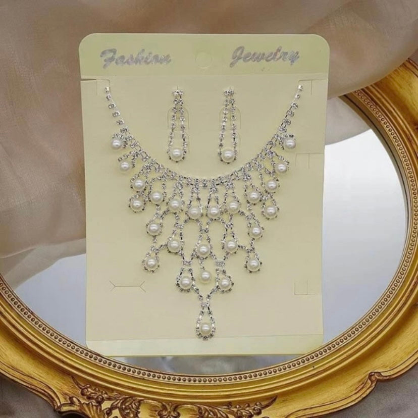 Bridal Wedding Jewelry Set Crystal Pearl Bridesmaid Party Necklace Drop Earrings