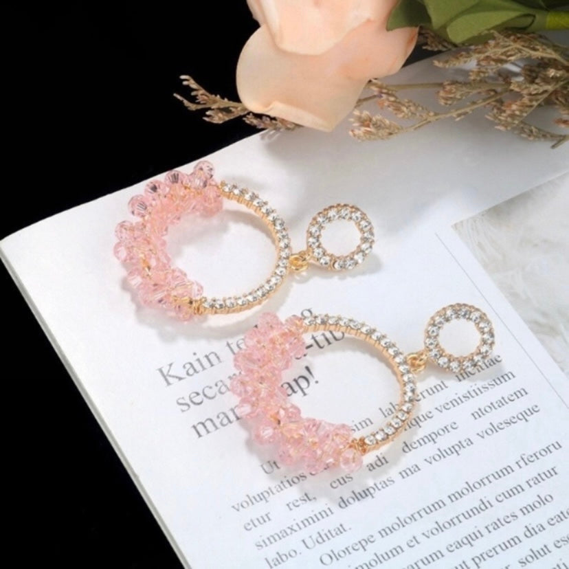 CZ Cubic Zirconia Pink Crystal Dangle Drop Hoop Earrings for Women