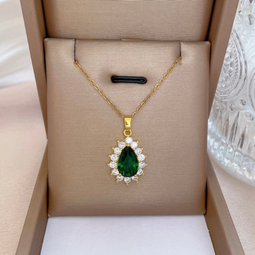 18K Gold Plated Crystal Teardrop Emerald Pendant Necklace for Women
