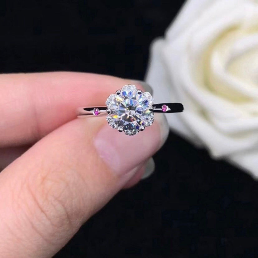 925 Silver Plated Adjustable Flower Shape 1 CT Cubic Zirconia Diamond Ring