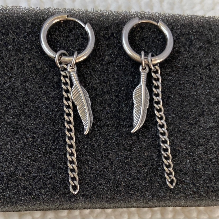 Stainless Steel Feather Dangle Drop Earrings for Men Women