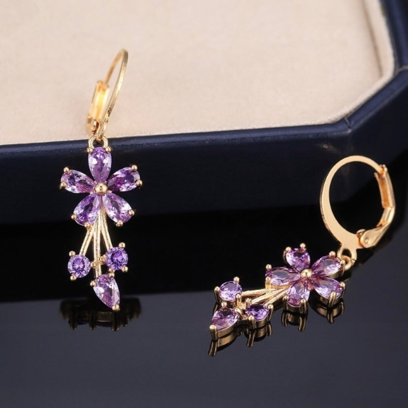 18K Gold Plated Purple Crystal Flower Drop Earrings for Women