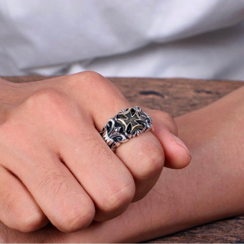 925 Silver Plated Adjustable Cross Ring for Men Women,Punk Hip Hop Ring