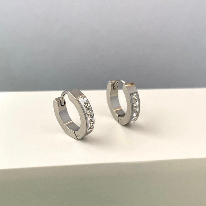 Titanium Steel CZ Cubic Zirconia Small Silver Hoop Earrings for Men Women