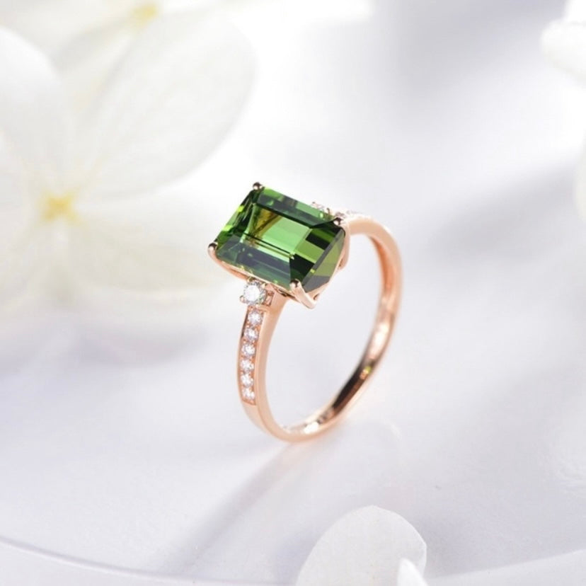 14K Rose Gold Plated Adjustable Green Crystal Emerald Ring for Women