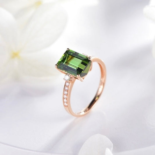 14K Rose Gold Plated Adjustable Green Crystal Emerald Ring for Women