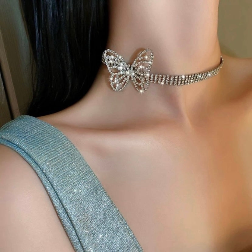 925 Silver Plated Full Rhinestones Silver Butterfly Choker Necklace for Women