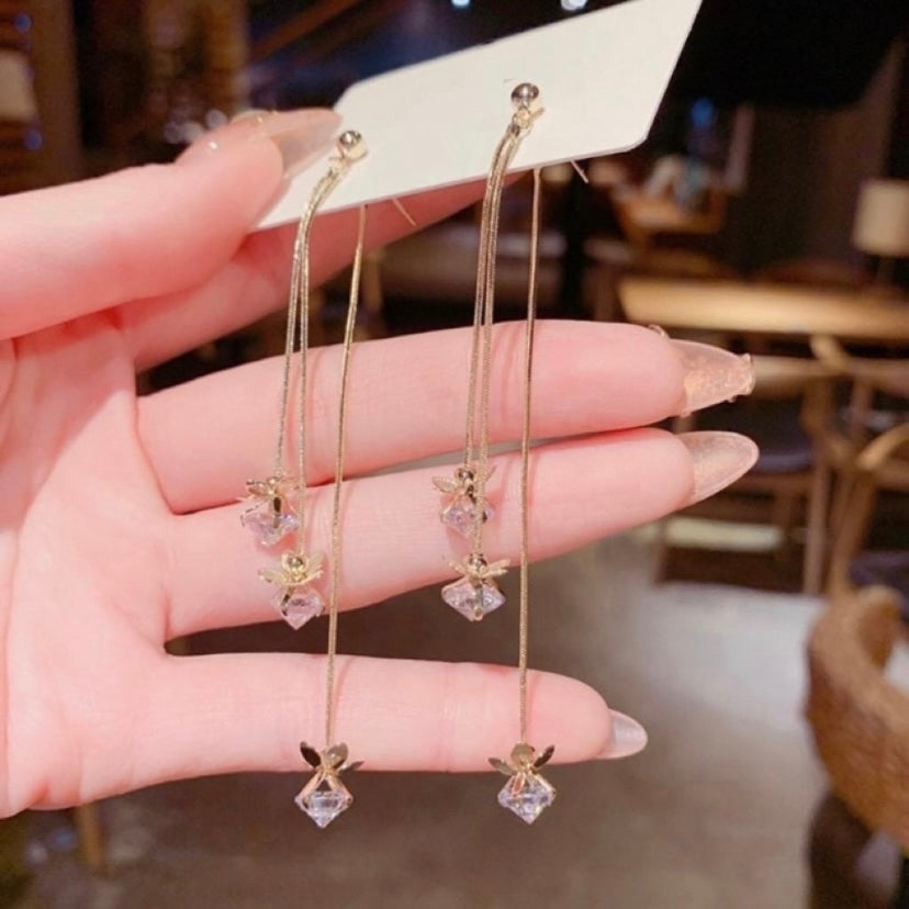 Women's Crystal Flower Long Tassel Dangle Drop Earrings