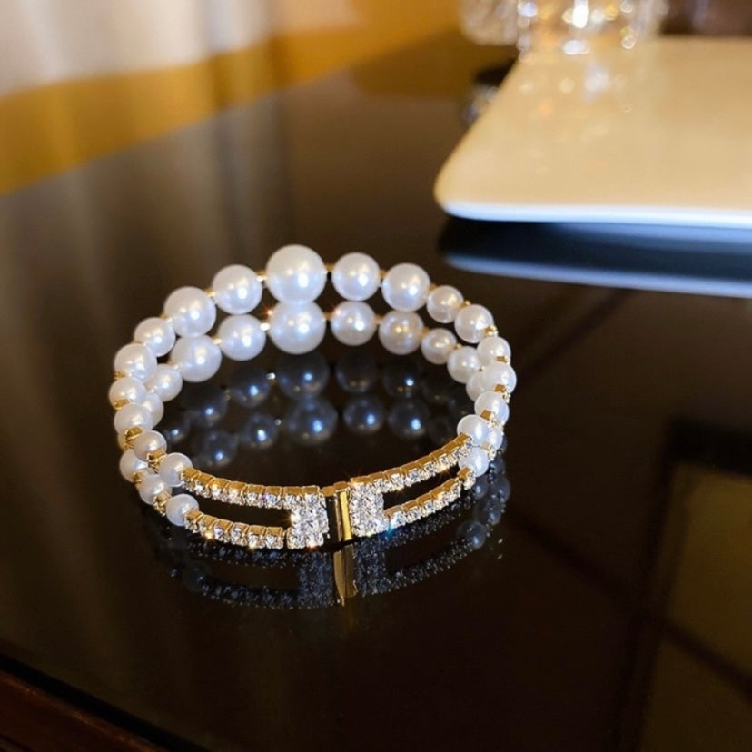 Women's Double Layer White Pearl Open Cuff Bracelet