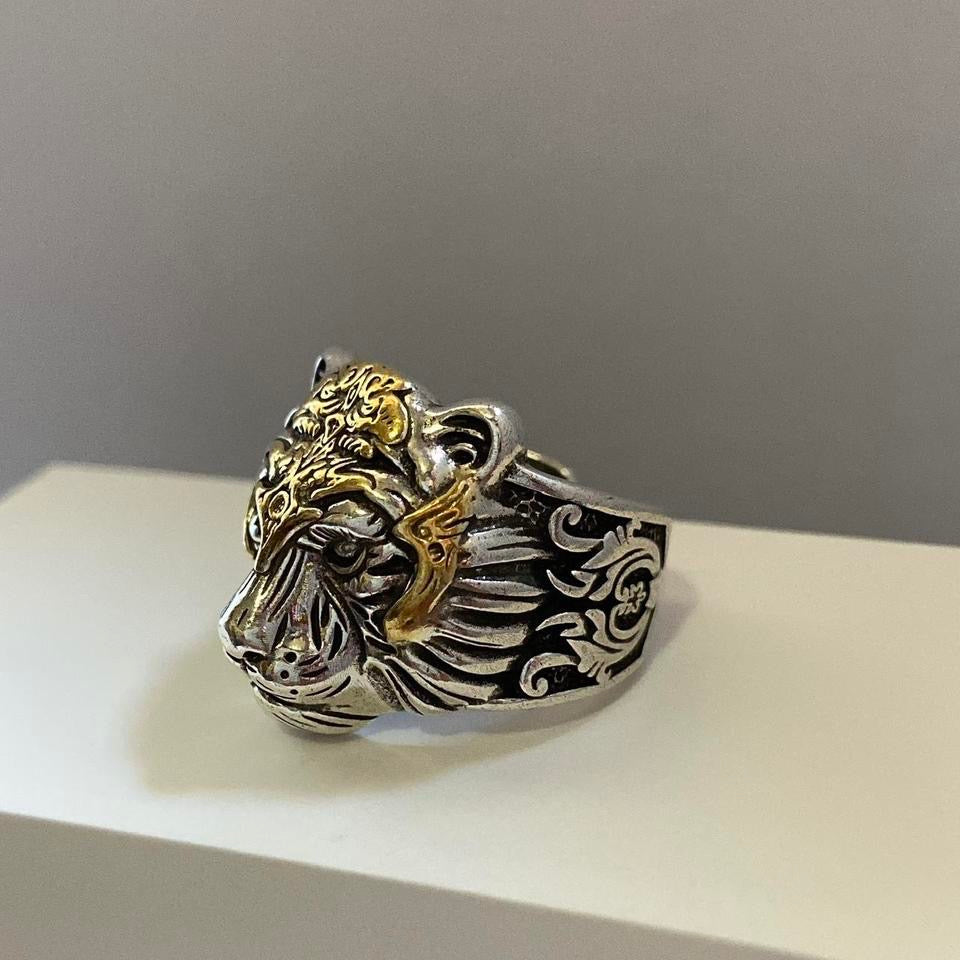 925 Silver Plated Adjustable Tiger Head Ring for Men,Animal Ring,Punk Hip Hop Ring