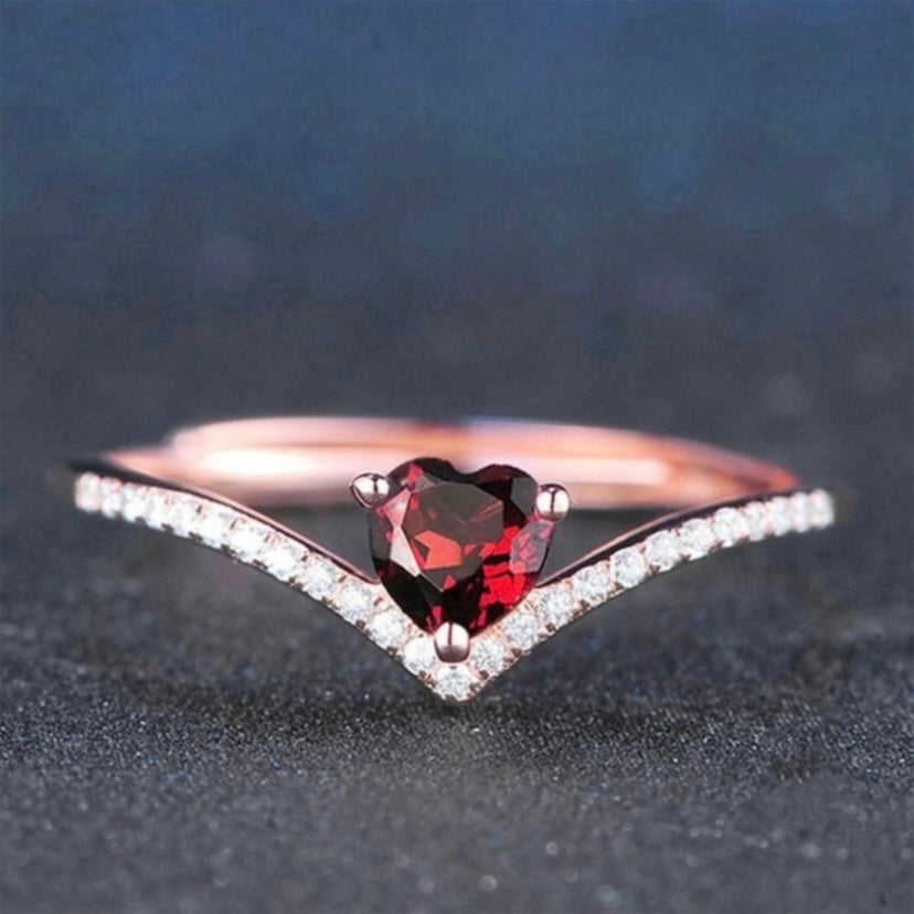 14K Rose Gold Plated Adjustable Red Crystal Love Heart Ruby Wedding Ring