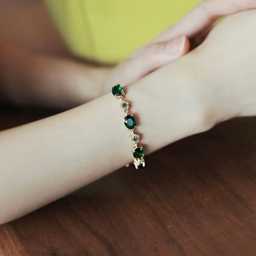 18K Gold Plated Green Crystal Emerald Charm Bracelet for Women
