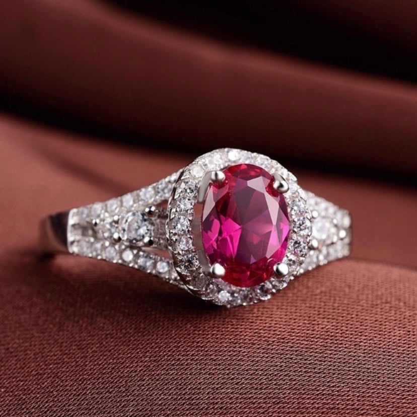 18K White Gold Plated Adjustable Birthstone Crystal Ruby Ring for Women