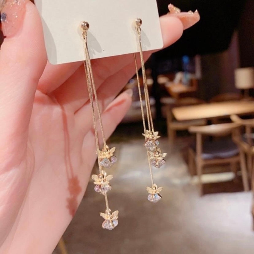 Women's Crystal Flower Long Tassel Dangle Drop Earrings