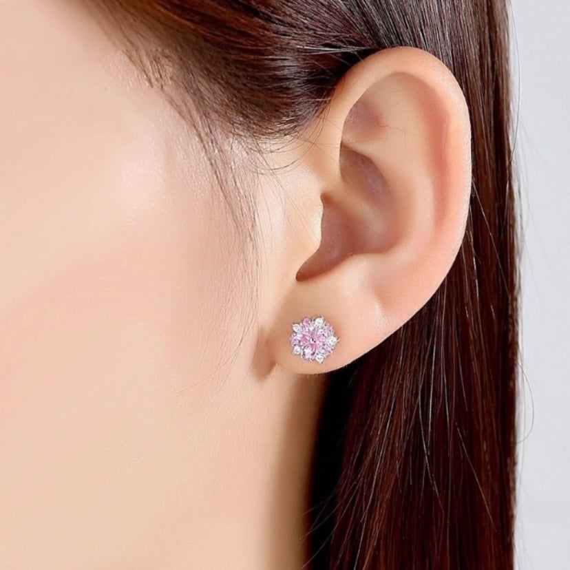 Pink Crystal Flower Stud Earrings for Women