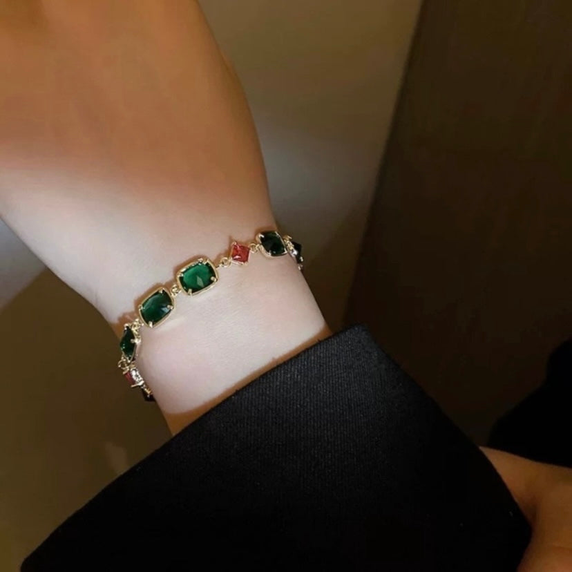 18K Gold Plated Adjustable Green Crystal Emerald Charm Bracelet for Women
