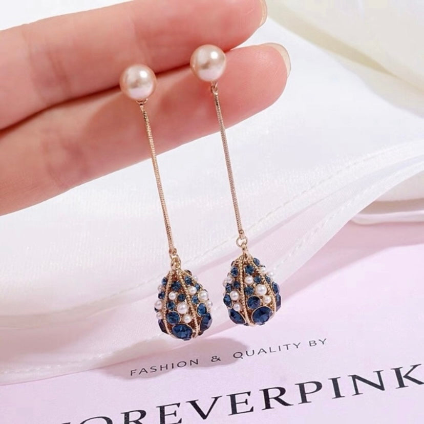 Women's Pearl Blue Crystal Drop Dangle Earrings