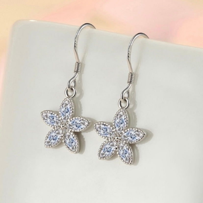 925 Silver Plated Pink Crystal Flower Dangle Drop Earrings for Women