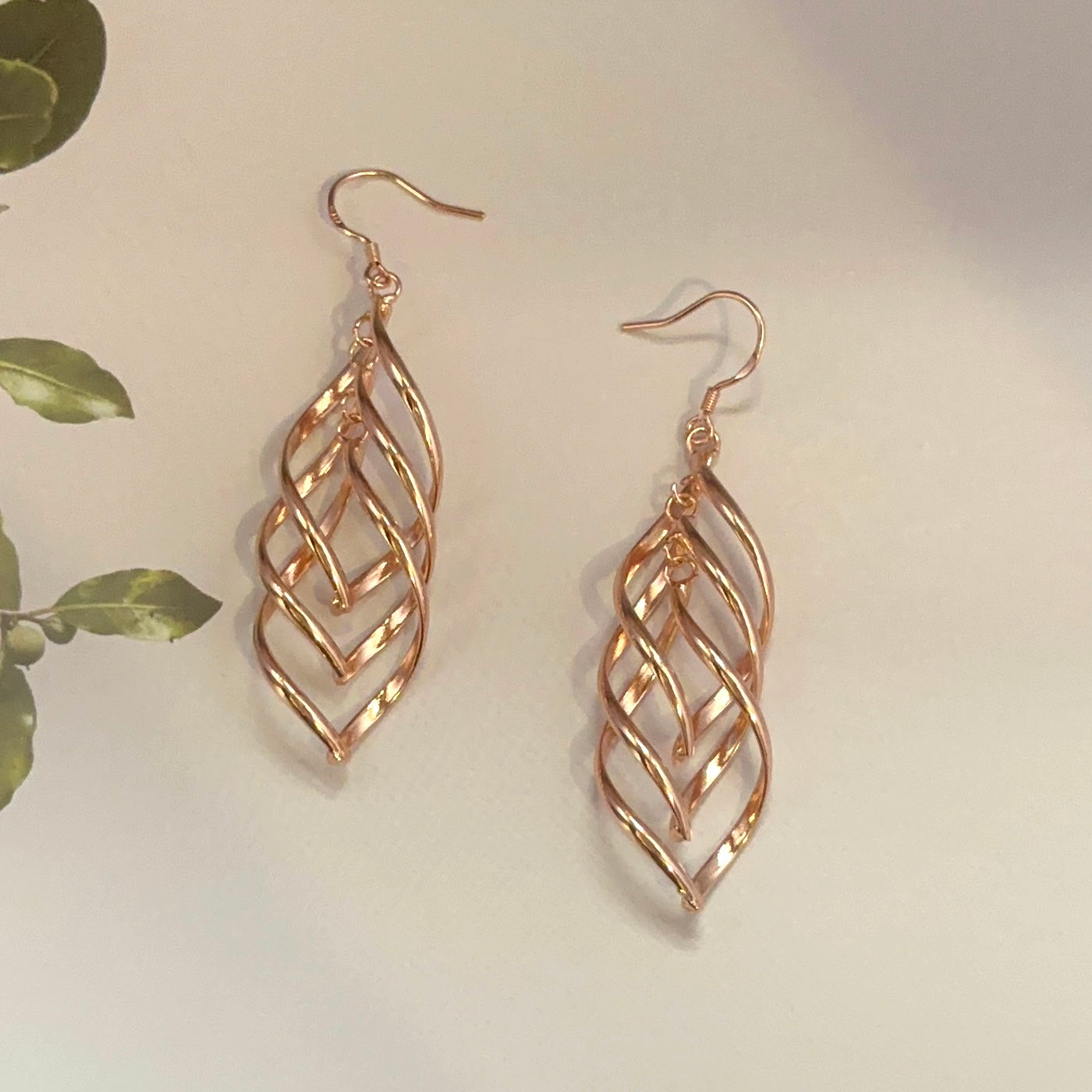 14K Rose Gold Plated Twist Leaf Dangle Drop Earrings for Women