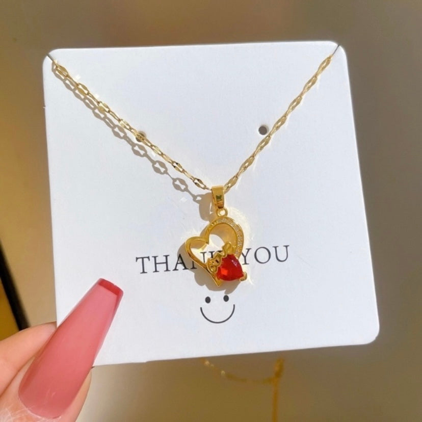 18K Gold Plated Birthstone Crystal Love Heart Ruby Pendant Necklace for Women