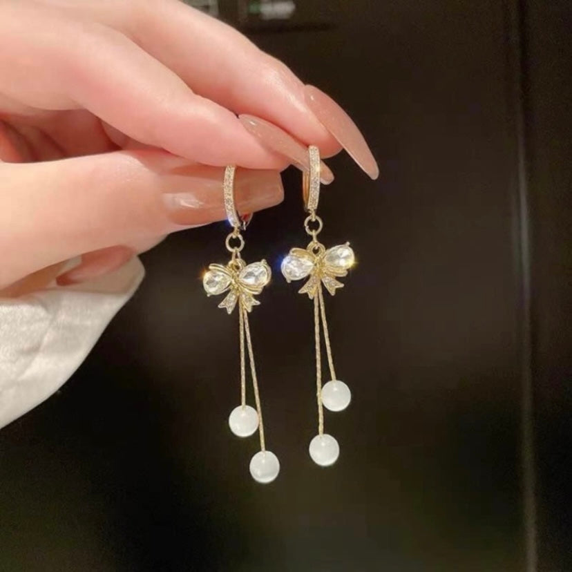 Women's Crystal Bow Tassel Dangle Drop Earrings