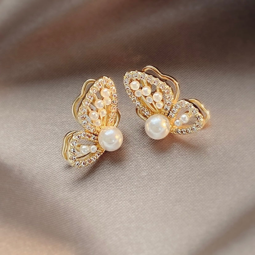 Gold Butterfly Pearl Stud Earrings for Women