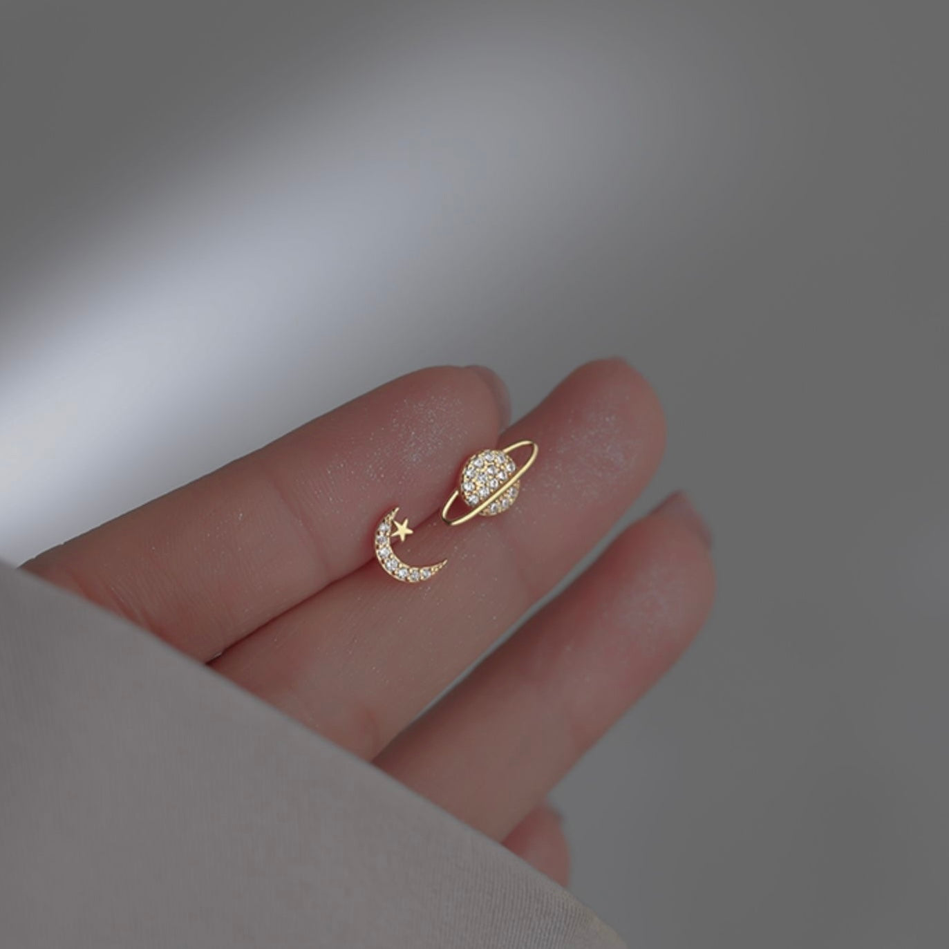 18K Gold Plated Asymmetric Planet Star Moon Stud Earrings for Women