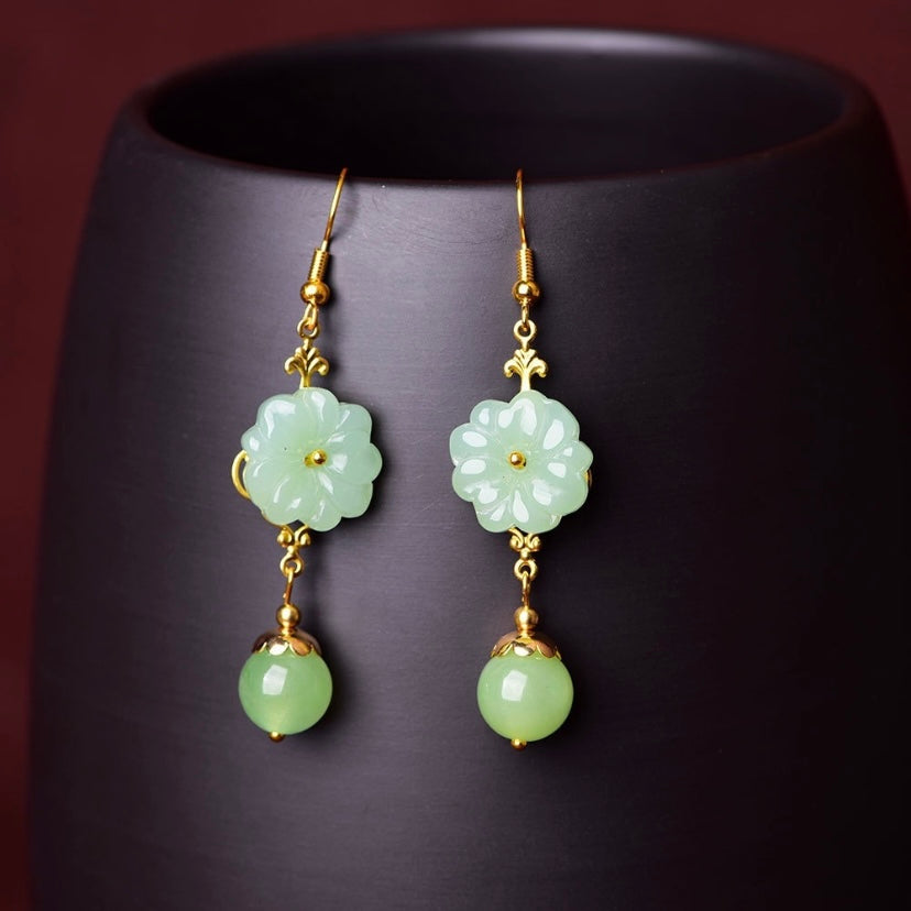 18K Gold Plated Green Agate Flower Dangle Drop Earrings for Women