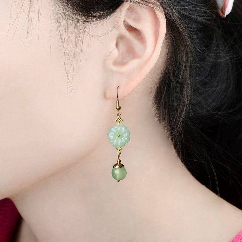 18K Gold Plated Green Agate Flower Dangle Drop Earrings for Women