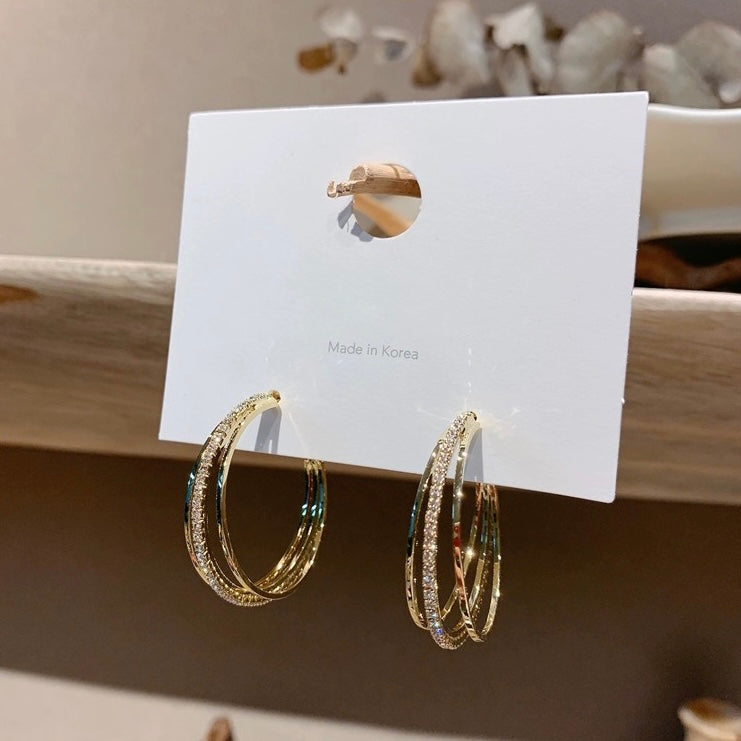 18K Gold Plated CZ Three Circles Open Hoop Earrings for Women
